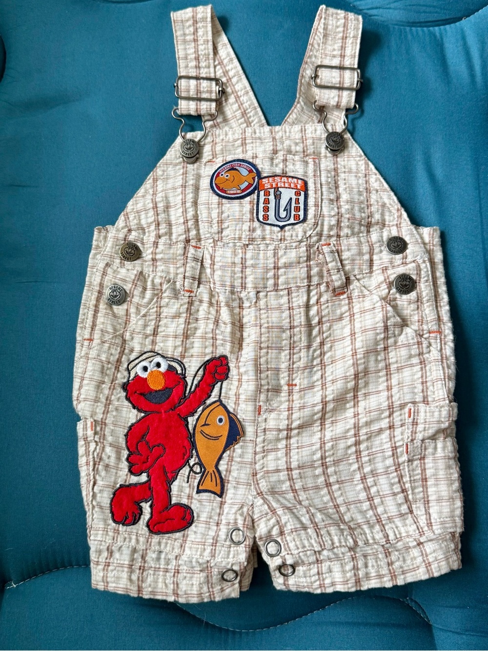 Sesame Street fishing Elmo plaid shortalls 0-3 m 2008